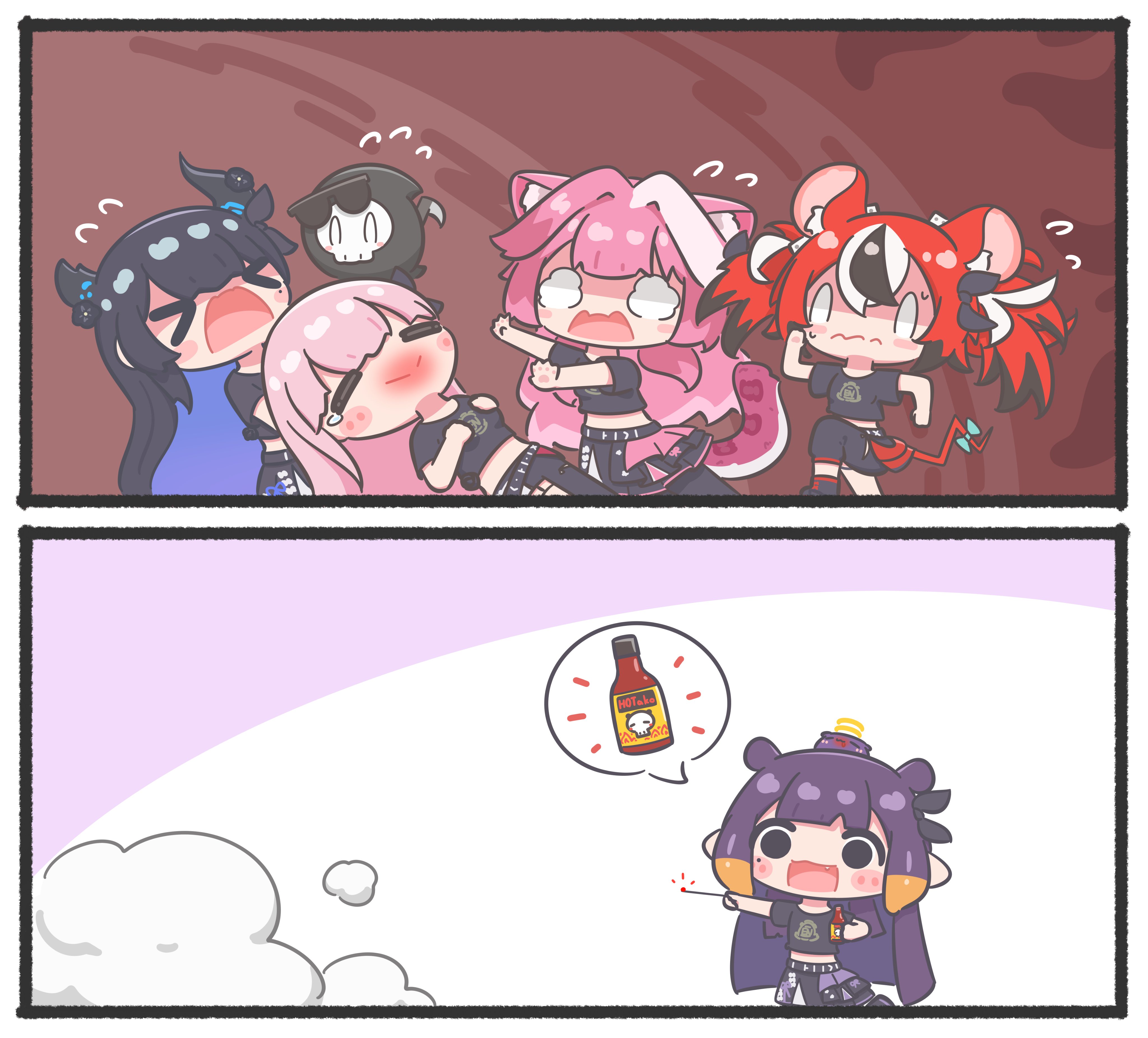 mpien, death-sensei (mori calliope), hakos baelz, mori calliope, nerissa ravencroft, ninomae ina'nis, raora panthera, takodachi (ninomae ina'nis), hololive, hololive english, absurdres, highres, 0 0, 5girls, = =, animal ears, asymmetrical horns, black hair, blue hair, blush stickers, hair intakes, hair ribbon, halo, heart, horns, hot sauce, long hair, mole, mole under eye, mouse ears, mouse tail, multicolored hair, multiple girls, navel, orange hair, panther ears, panther girl, panther tail, pink hair, pointy ears, purple hair, red hair, ribbon, scythe, skull, spicy, spoken heart, streaked hair, sunglasses, tail, tail ornament, tail ribbon, tears, twintails, two-tone hair, virtual youtuber, white hair