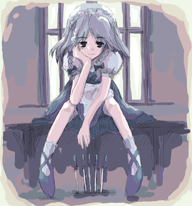 izayoi sakuya, touhou, 1girl, blue shoes, braid, female focus, full body, indoors, knife, maid, shoes, solo, twin braids