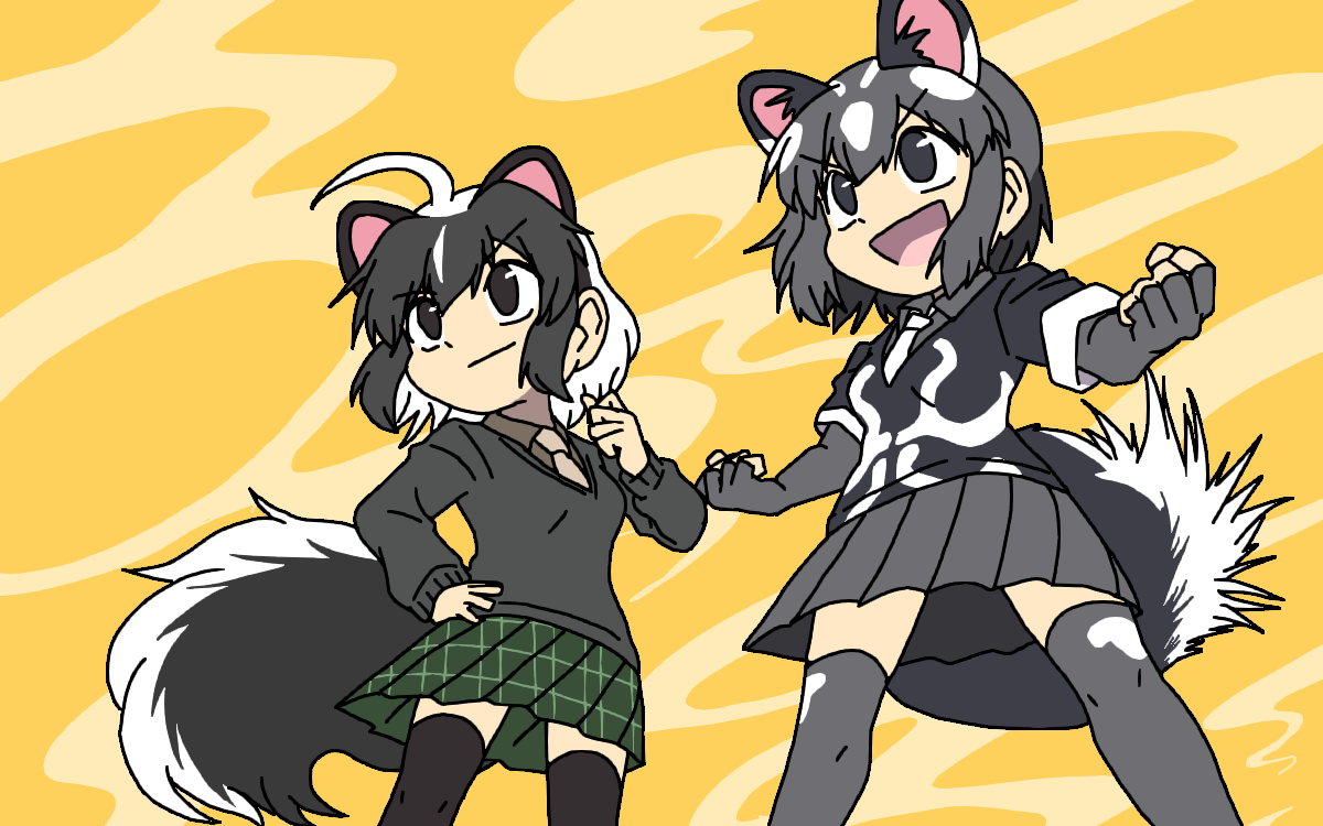 srd (srdsrd01), spotted skunk (kemono friends), striped skunk (kemono friends), kemono friends, commentary, 2girls, :d, ahoge, animal ears, black eyes, black hair, black shirt, black sweater, black thighhighs, brown necktie, brown shirt, clenched hand, clenched hands, collared shirt, cowboy shot, elbow gloves, extra ears, fingerless gloves, gloves, green skirt, grey gloves, grey hair, grey shirt, grey skirt, grey undershirt, hair between eyes, hand on own hip, legs apart, long sleeves, looking ahead, multicolored hair, multiple girls, necktie, open mouth, plaid clothes, plaid skirt, pleated skirt, shirt, short hair, short sleeves, simple background, skirt, skunk ears, skunk girl, skunk tail, smile, standing, sweater, tail, thighhighs, two-tone hair, undershirt, v-shaped eyebrows, white hair, white necktie, yellow background, zettai ryouiki