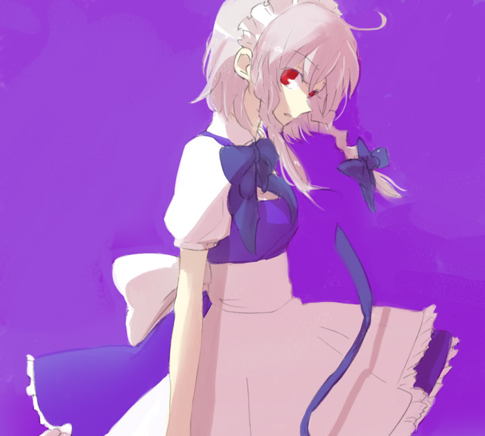 mokeo, izayoi sakuya, touhou, silver hair, 1girl, braid, female focus, short hair, solo, twin braids