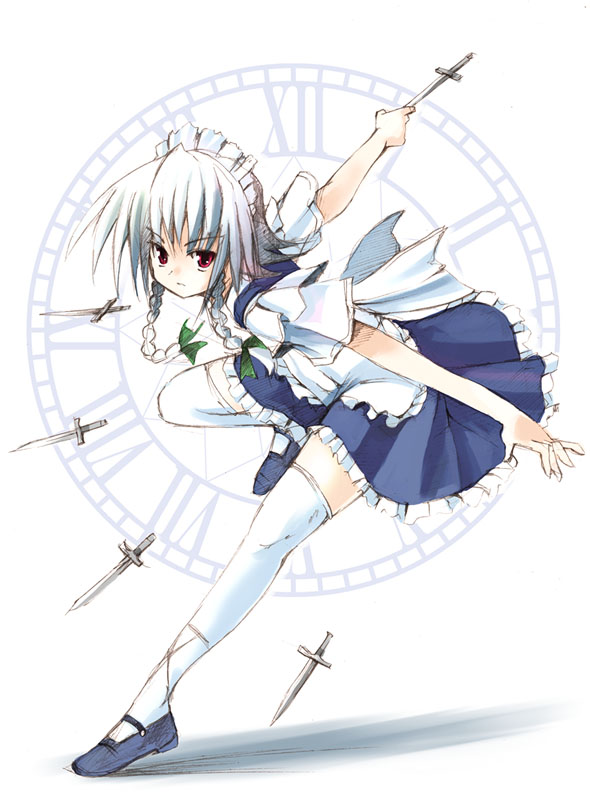 seo tatsuya, izayoi sakuya, touhou, silver hair, 1girl, braid, female focus, knife, short hair, solo, thighhighs, throwing knife, twin braids, weapon, white thighhighs