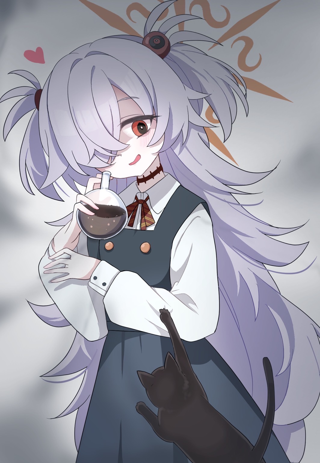 sabotenirasuto, kanoe (blue archive), blue archive, commentary request, highres, 1girl, black cat, brown eyes, brown halo, cat, diagonal-striped ribbon, dress, drink, flask, grey background, grey hair, hair ornament, hair over one eye, halo, heart, holding, holding drink, long hair, long sleeves, looking at viewer, parted lips, pinafore dress, round-bottom flask, shirt, simple background, sleeveless, sleeveless dress, smile, solo, two side up, white shirt