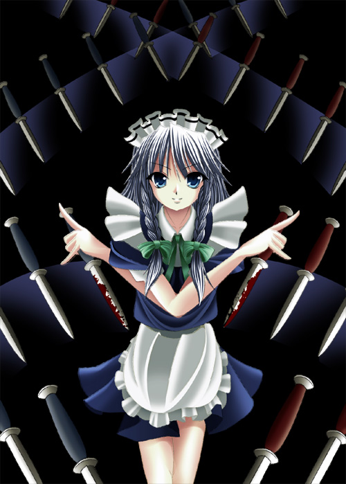 tatamiya, izayoi sakuya, touhou, silver hair, 1girl, blood, braid, female focus, knife, short hair, solo, throwing knife, twin braids, weapon