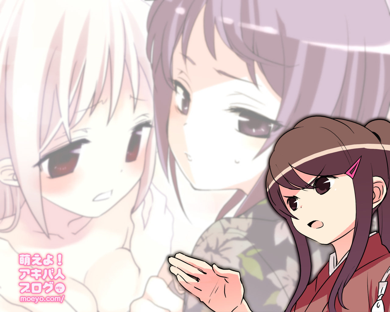 kuroda bb, fii-tan, maho, ripe-tan, fii-tan the figure, eyebrows, silver hair, 3girls, :d, breasts, cleavage, close-up, collarbone, dress, japanese clothes, multiple girls, open mouth, purple hair, red dress, red eyes, sidelocks, smile, upper body