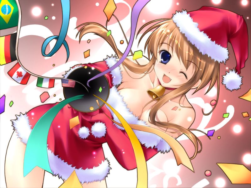 mikeou, kawahara mizuha, konneko, santa gloves, game cg, 1girl, ;d, american flag, bell, blue eyes, blush, brazilian flag, breasts, brown hair, canadian flag, christmas, cleavage, collar, confetti, elbow gloves, fang, female focus, flag, flags of all nations, german flag, gloves, hat, italian flag, large breasts, neck bell, nose blush, one eye closed, open mouth, party popper, ribbon, santa costume, santa hat, smile, solo, string of flags, wink