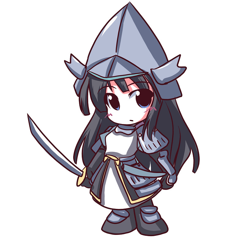 fictional sister, uesugi kenshin (rance), rance (series), sengoku rance, armor, armored dress, chibi, dress, full body, helmet, holding, holding sword, holding weapon, solo, standing, sword, weapon
