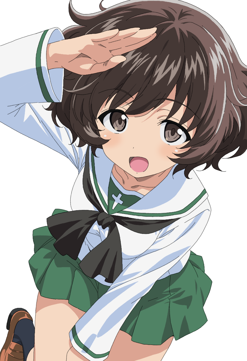 nekokawa isugi, akiyama yukari, girls und panzer, highres, 1girl, black neckerchief, black socks, blouse, brown eyes, brown hair, brown shoes, cowboy shot, green skirt, leaning forward, loafers, long sleeves, looking at viewer, messy hair, miniskirt, neckerchief, ooarai school uniform, open mouth, pleated skirt, sailor collar, salute, school uniform, serafuku, shirt, shoes, short hair, simple background, skirt, smile, socks, solo, standing, standing on one leg, white background, white sailor collar, white shirt