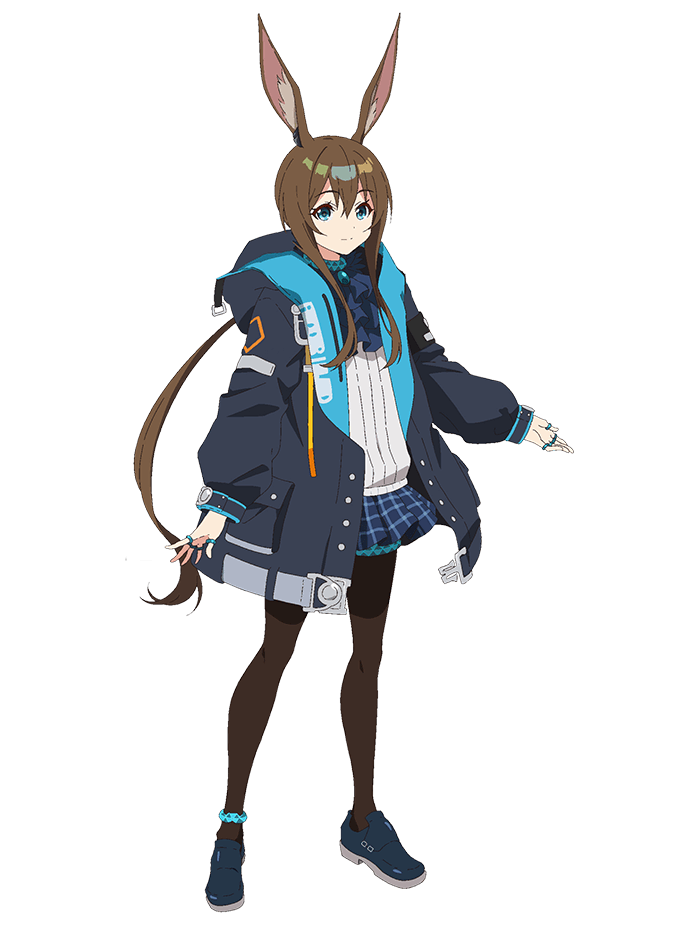 takafuji aya, amiya (arknights), arknights, official art, 1girl, animal ears, anime coloring, ascot, black jacket, blue ascot, blue eyes, blue shoes, blue skirt, brown hair, full body, hair between eyes, hood, jacket, jewelry, long hair, long sidelocks, long sleeves, looking at viewer, open clothes, pantyhose, plaid clothes, plaid skirt, ponytail, rabbit ears, rabbit girl, ring, shirt, shoes, sidelocks, simple background, skirt, smile, solo, standing, transparent background, white shirt