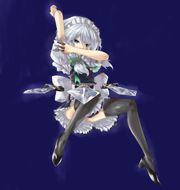 izayoi sakuya, touhou, silver hair, 1girl, braid, female focus, knife, short hair, solo, thighhighs, throwing knife, twin braids, weapon