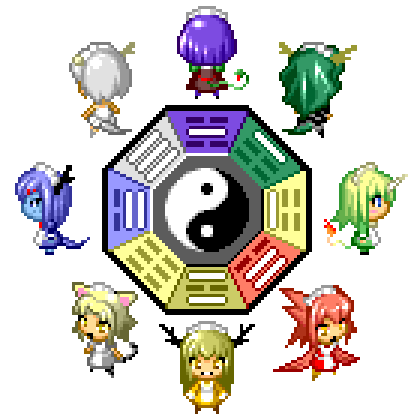 kirin (nijiura maids), kouryuu (nijiura maids), seiryuu (nijiura maids), shisei, shisei-san, futaba channel, nijiura maids, silver hair, aliasing, character request, lowres, 6+girls, animal ears, antlers, blonde hair, blue hair, blue skin, cat ears, cat tail, chibi, colored skin, dress, from behind, green hair, grin, horns, long hair, maid, maid headdress, monster girl, multiple girls, pixel art, red hair, short hair, simple background, single horn, smile, spiked hair, standing, tail, trigram, white background, yin yang