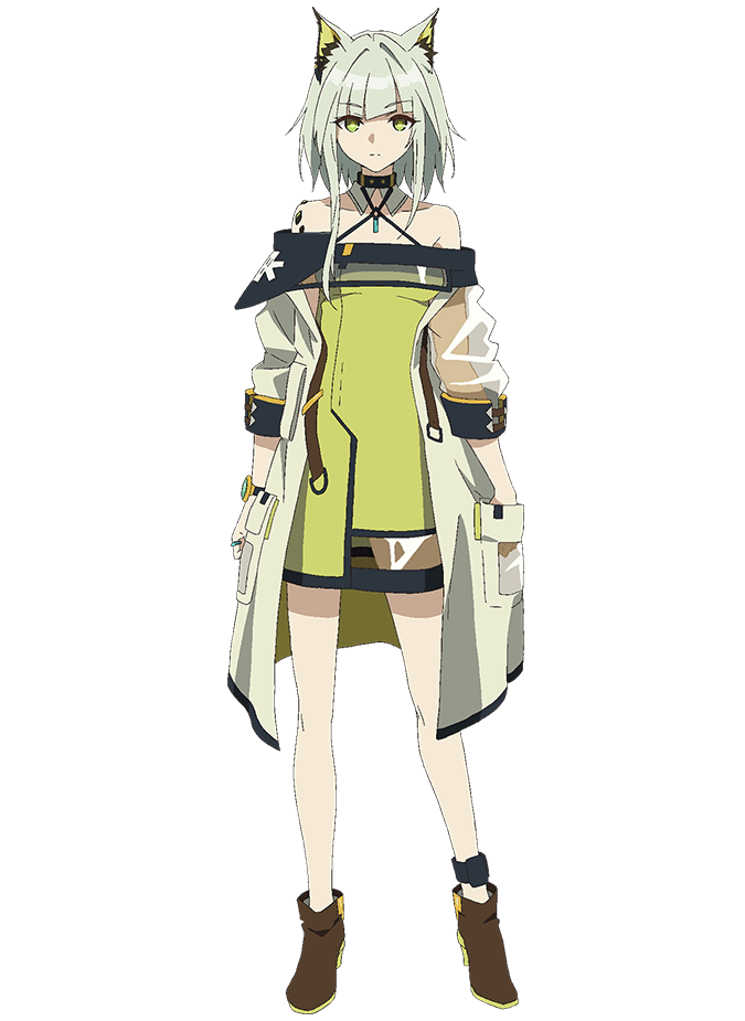 takafuji aya, kal'tsit (arknights), arknights, official art, 1girl, animal ear fluff, animal ears, anime coloring, bare shoulders, belt, boots, breasts, brown belt, brown boots, cat ears, cat girl, closed mouth, collarbone, detached collar, dress, full body, green dress, green eyes, grey hair, hand in pocket, jacket, long sleeves, looking at viewer, off shoulder, see-through clothes, short hair, simple background, solo, standing, thighs, transparent background, white jacket