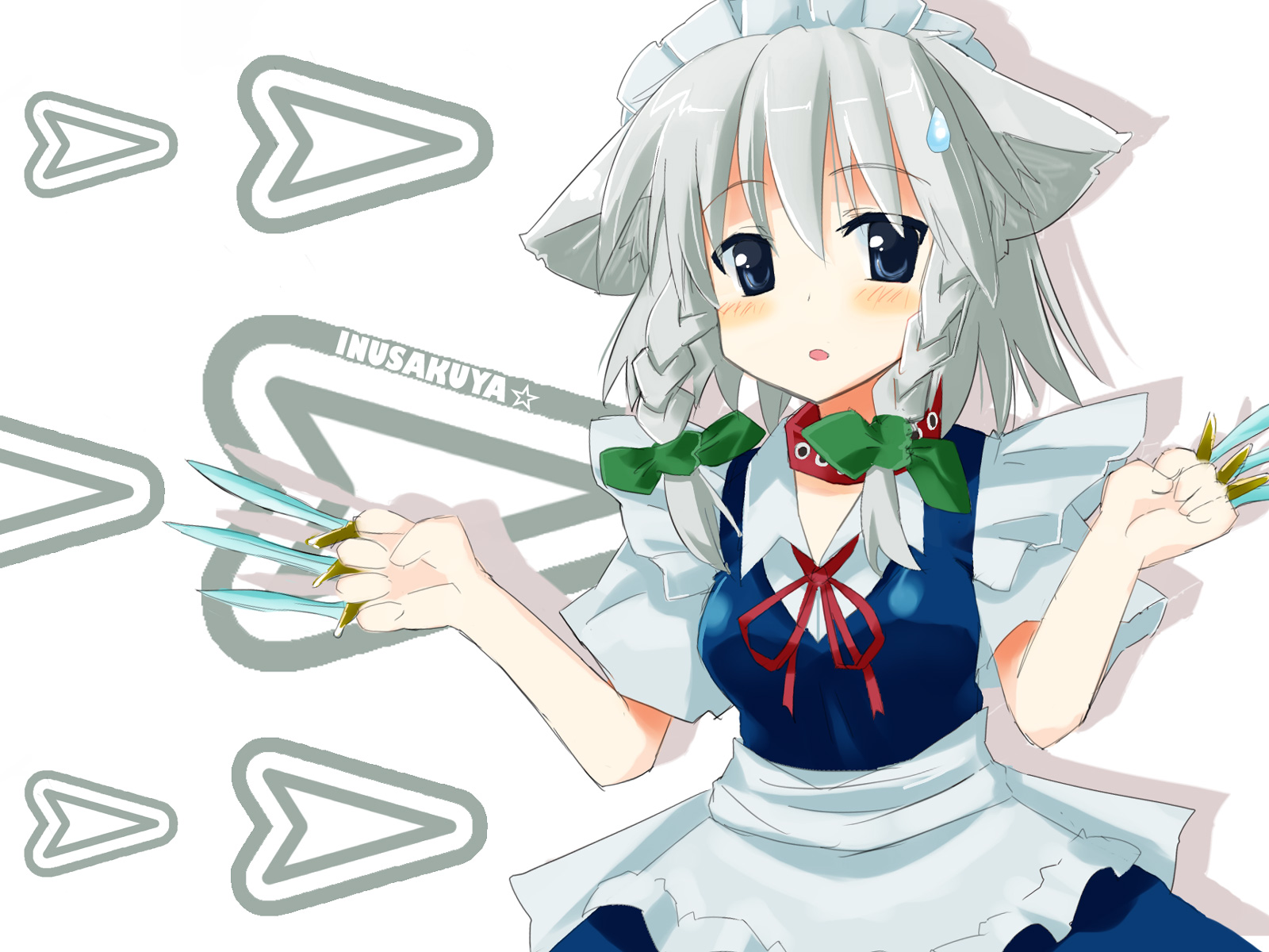 inu sakuya (nejikirio), izayoi sakuya, touhou, silver hair, highres, 1girl, animal ears, between fingers, braid, dog ears, female focus, holding, kemonomimi mode, knife, short hair, solo, throwing knife, twin braids, weapon