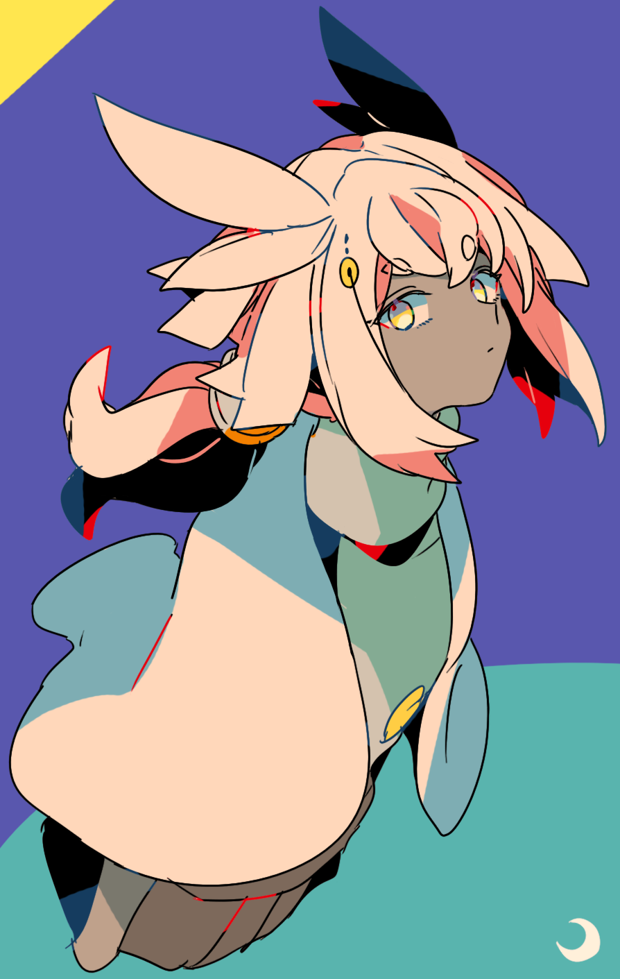 mizuki tsukimori, sky child, sky: children of the light, commentary request, highres, 1girl, cape, closed mouth, cropped legs, dark-skinned female, dark skin, expressionless, looking at viewer, ponytail, shirt, short hair, sidelocks, solo, thick eyebrows, three-toned background, white cape, white shirt, yellow eyes