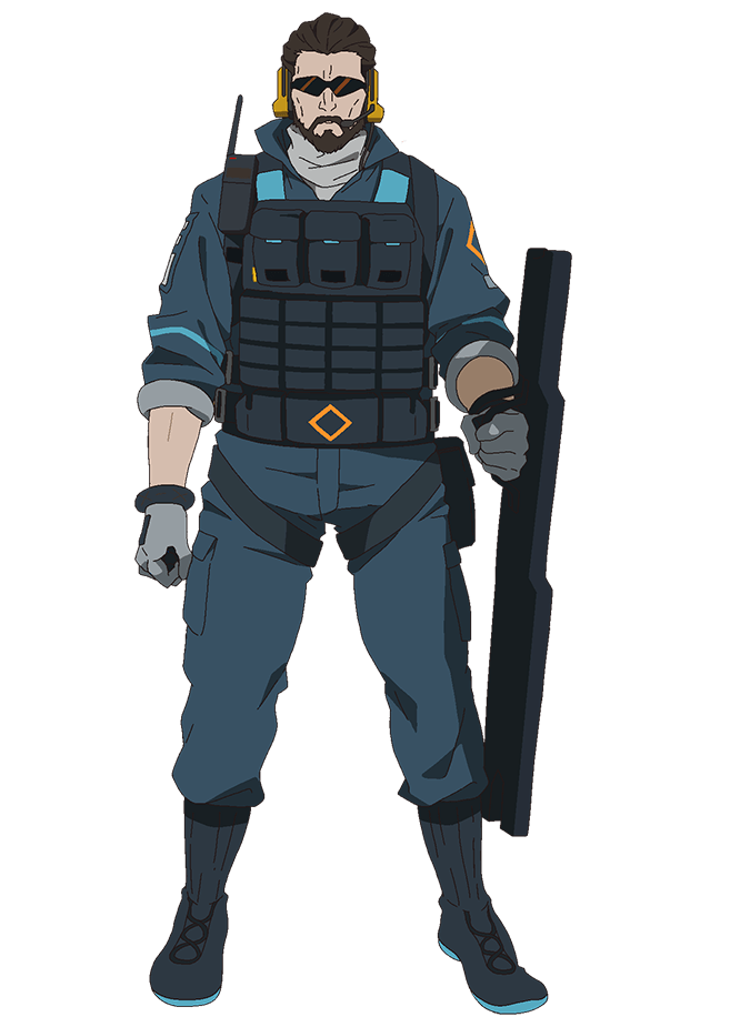 takafuji aya, ace (arknights), arknights, official art, 1boy, anime coloring, beard, blue boots, blue jacket, blue pants, boots, brown hair, bulletproof vest, closed mouth, collared jacket, collared shirt, facial hair, full body, gloves, holding, holding shield, jacket, long sleeves, looking at viewer, mature male, pants, shield, shirt, short hair, simple background, sleeves rolled up, solo, standing, sunglasses, transparent background, turtleneck, turtleneck shirt, white gloves, white shirt