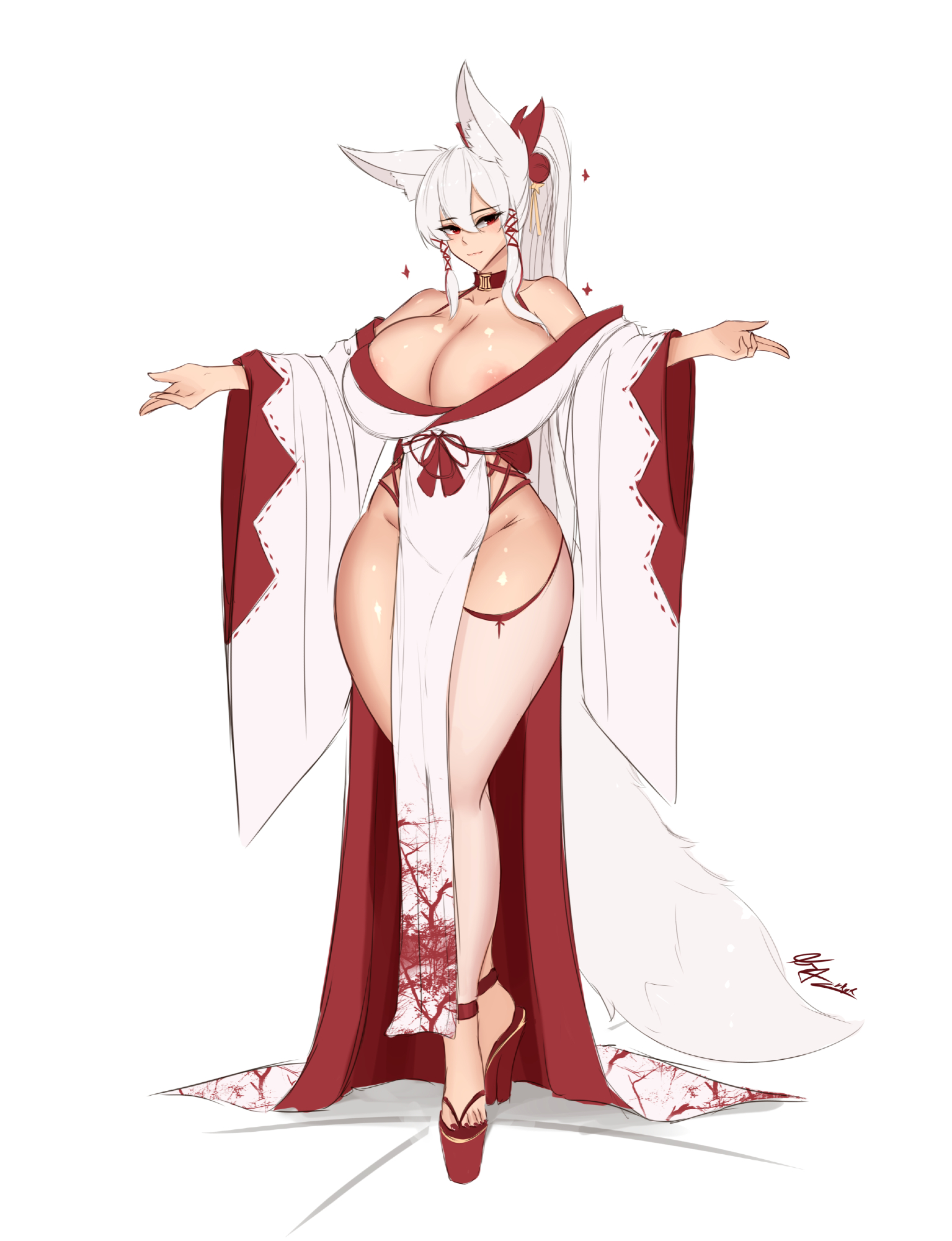 krass, original, highres, 1girl, animal ears, areola slip, blush, breasts, cleavage, closed mouth, collar, fox ears, fox girl, fox tail, full body, groin, hair between eyes, huge breasts, japanese clothes, kimono, lips, long hair, looking at viewer, nail polish, okobo, outstretched arms, platform sandals, ponytail, red collar, red eyes, sandals, simple background, smile, solo, spread arms, tail, toenail polish, toenails, white background, white hair, white kimono
