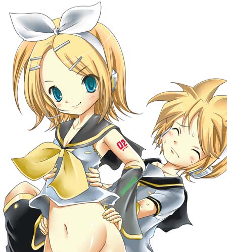 natsume fumika, kagamine len, kagamine rin, vocaloid, lowres, 1boy, 1girl, arm tattoo, blonde hair, blush, bottomless, brother and sister, closed eyes, detached sleeves, hair ornament, hair ribbon, hairband, hairclip, hands on own hips, headset, hetero, humping, implied sex, incest, looking at viewer, navel, neckerchief, ribbon, shirt, short hair, short sleeves, shoulder tattoo, siblings, sleeveless, sleeveless shirt, smile, sweat, tattoo, twins, white background, white ribbon, white shirt, yellow neckerchief