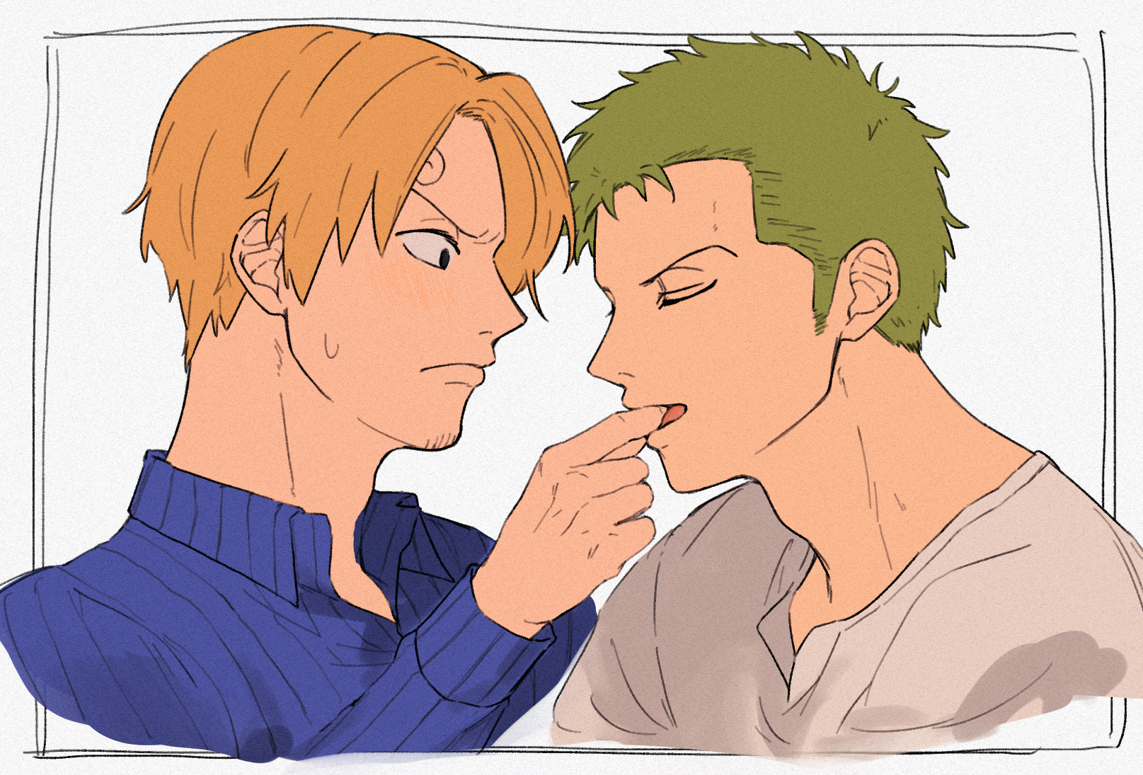 iqracha, roronoa zoro, sanji (one piece), one piece, commentary request, highres, 2boys, adam's apple, black eyes, blonde hair, blue shirt, closed mouth, collared shirt, curly eyebrows, facial hair, feeding, goatee stubble, green hair, inset border, male focus, multiple boys, shirt, short hair, sideburns, striped clothes, striped shirt, stubble, sweatdrop, white background, white shirt, yaoi