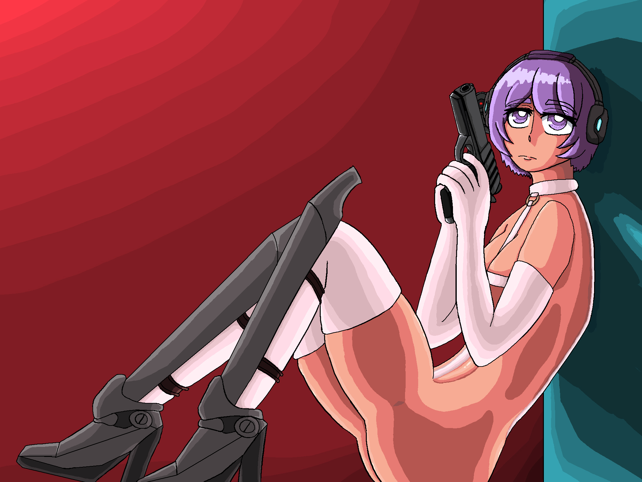 martyr (the citadel), beyond citadel, the citadel, 1girl, boots, collar, crotch strap, gloves, gun, handgun, high heel boots, high heels, holding, holding weapon, jonny1635182, long glove, pistol, purple eyes, purple hair, sitting, socks, weapon, white gloves, white socks