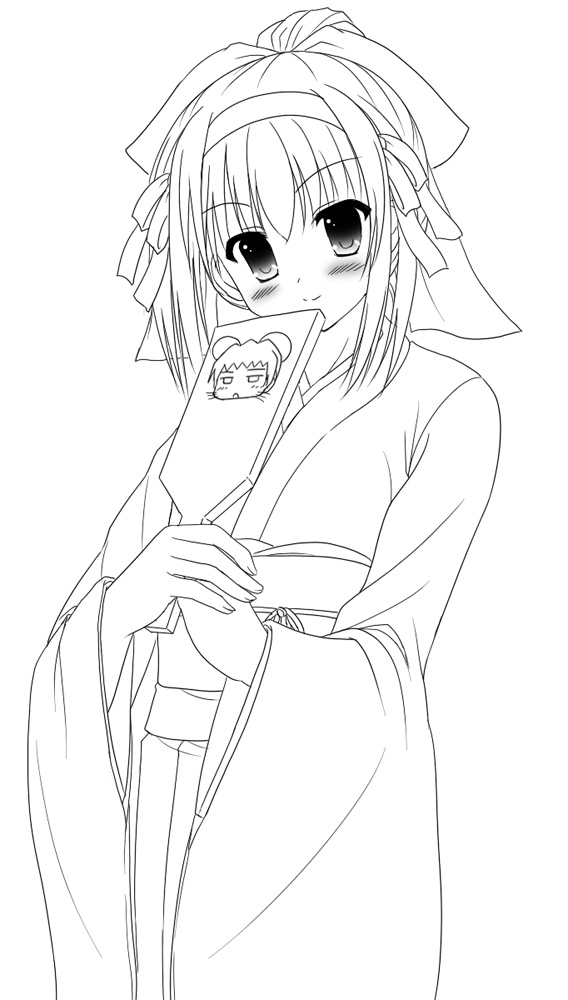 uehiro, suzumiya haruhi, suzumiya haruhi no yuuutsu, 00s, greyscale, hanetsuki, japanese clothes, kimono, monochrome, solo