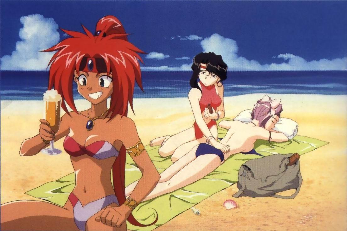 nakazawa kazuto, afura mann, miz mishtal, shayla-shayla, el hazard, jpeg artifacts, 1990s (style), 3girls, alcohol, beach, bikini, day, headband, jewelry, lotion, multiple girls, ponytail, red hair, retro artstyle, sunscreen, swimsuit, tan, untied bikini