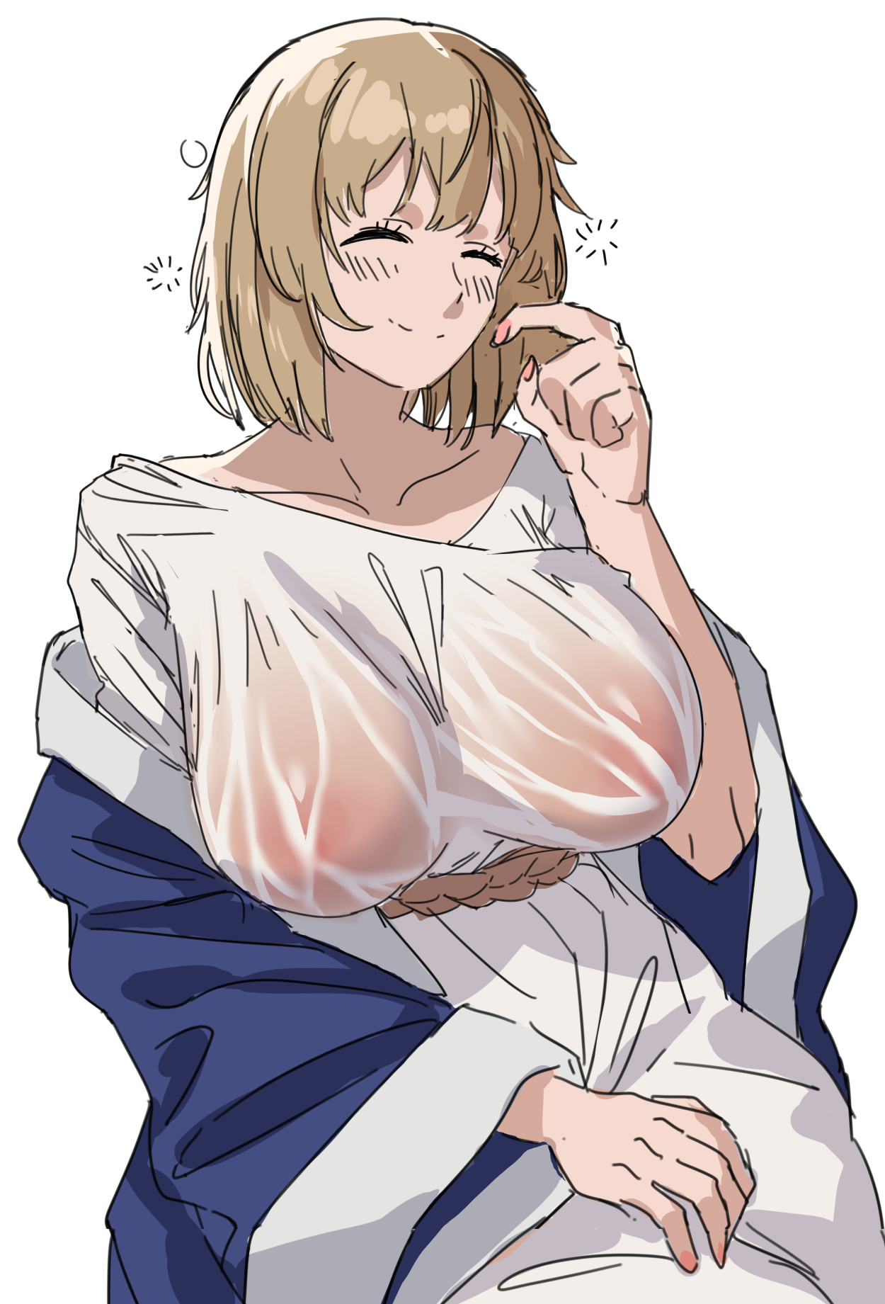 enma (enmanuelart), falin touden, falin touden (tallman), dungeon meshi, highres, 1girl, blue robe, blush, breasts, brown hair, closed eyes, closed mouth, collarbone, dress, large breasts, long sleeves, no bra, robe, rope belt, see-through clothes, see-through dress, simple background, sitting, smile, solo, waking up, white background, white dress, wide sleeves