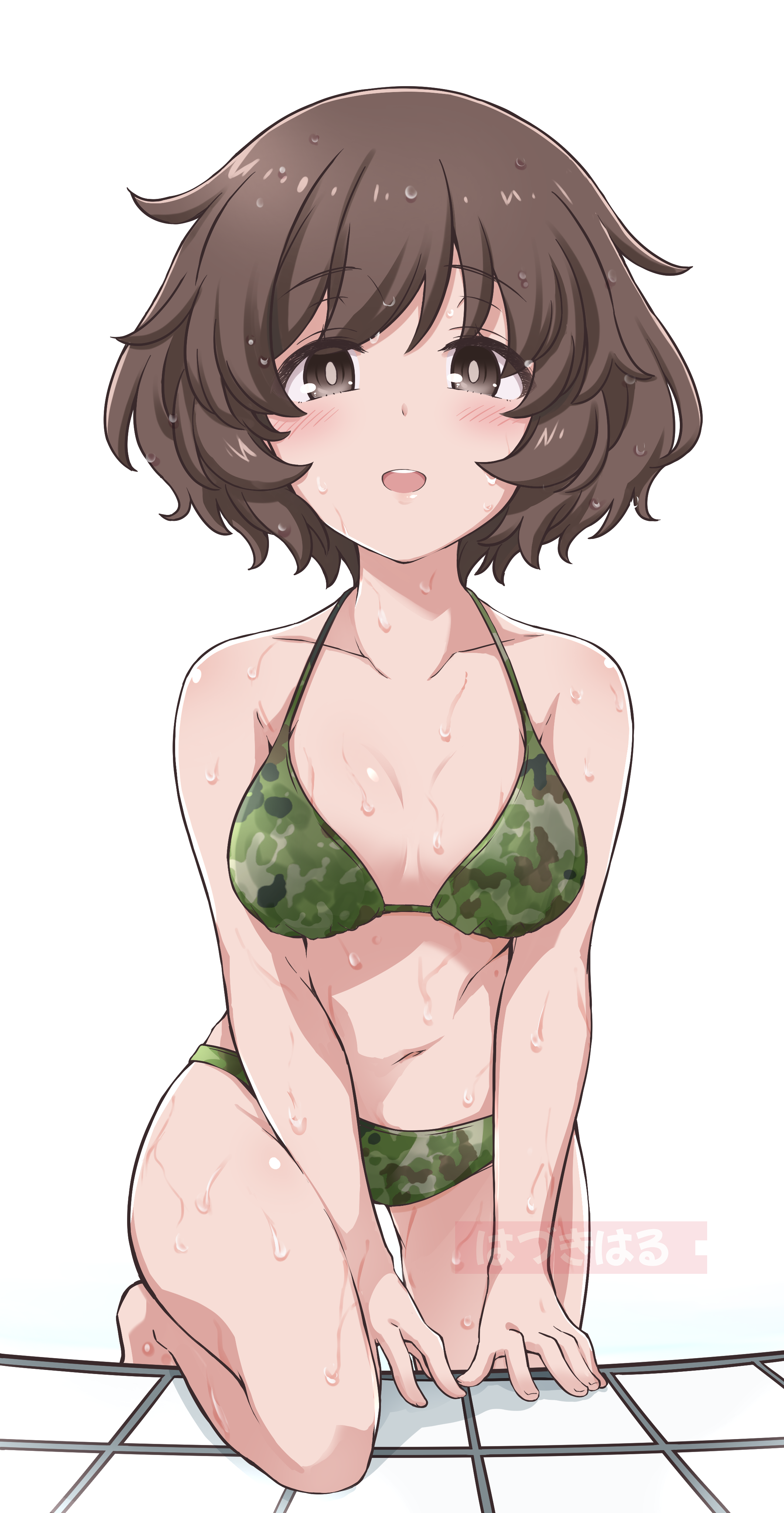 hazuki haru, akiyama yukari, girls und panzer, absurdres, commentary, highres, 1girl, artist name, bikini, blush, breasts, brown eyes, brown hair, camouflage, camouflage bikini, climbing, green bikini, halterneck, looking at viewer, medium breasts, messy hair, navel, open mouth, poolside, short hair, simple background, smile, solo, swimsuit, wet, white background