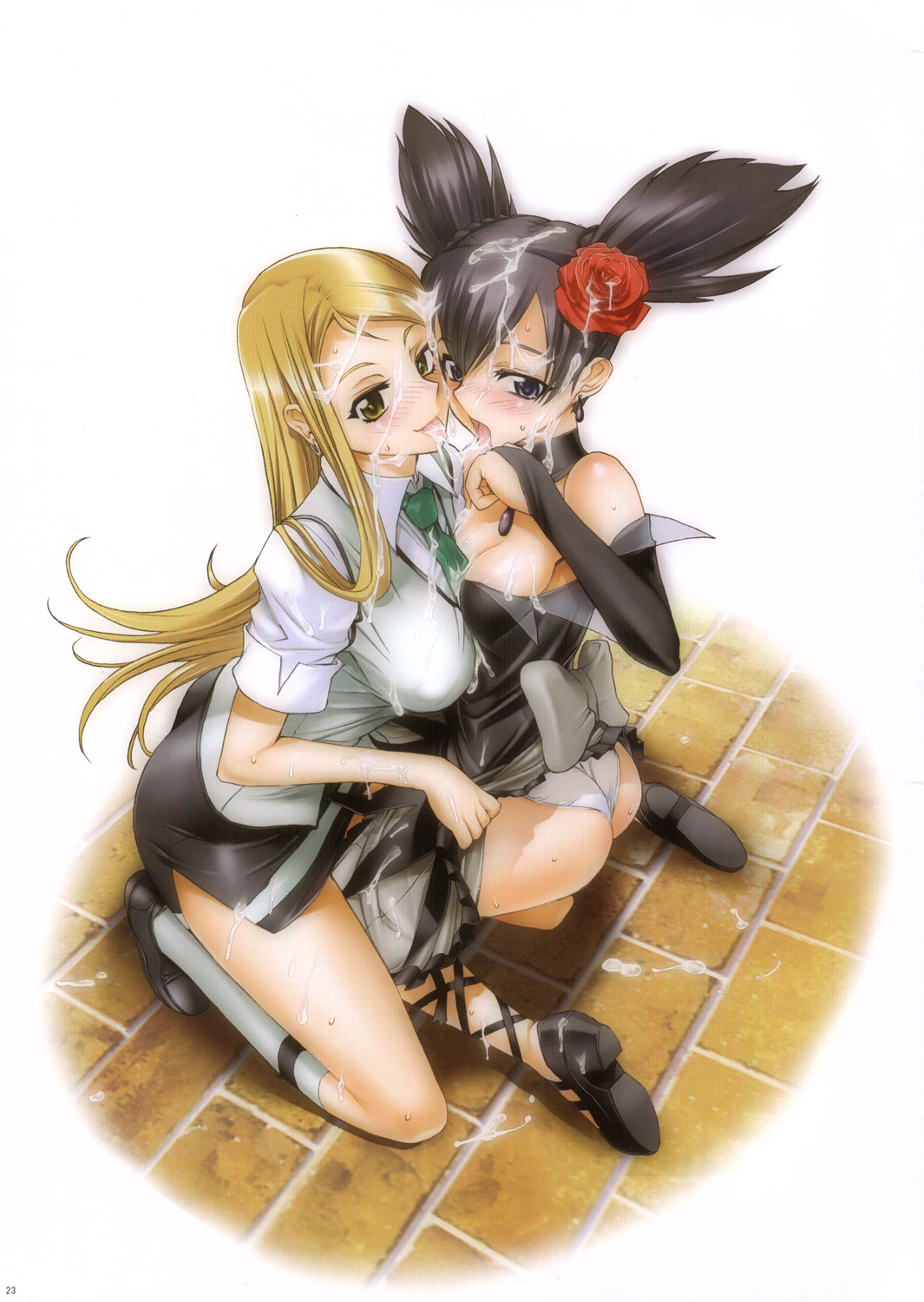 satou shouji, kuromi, kurumi nui, yumeno kanade, firepower, onegai my melody, sanrio, highres, 00s, 2girls, blonde hair, choker, clothes pull, cum, cum in mouth, cum on body, facial, flower, kneehighs, long hair, multiple girls, panties, ribbon, rose, school uniform, serafuku, skirt, skirt pull, socks, tongue, underwear, yellow eyes