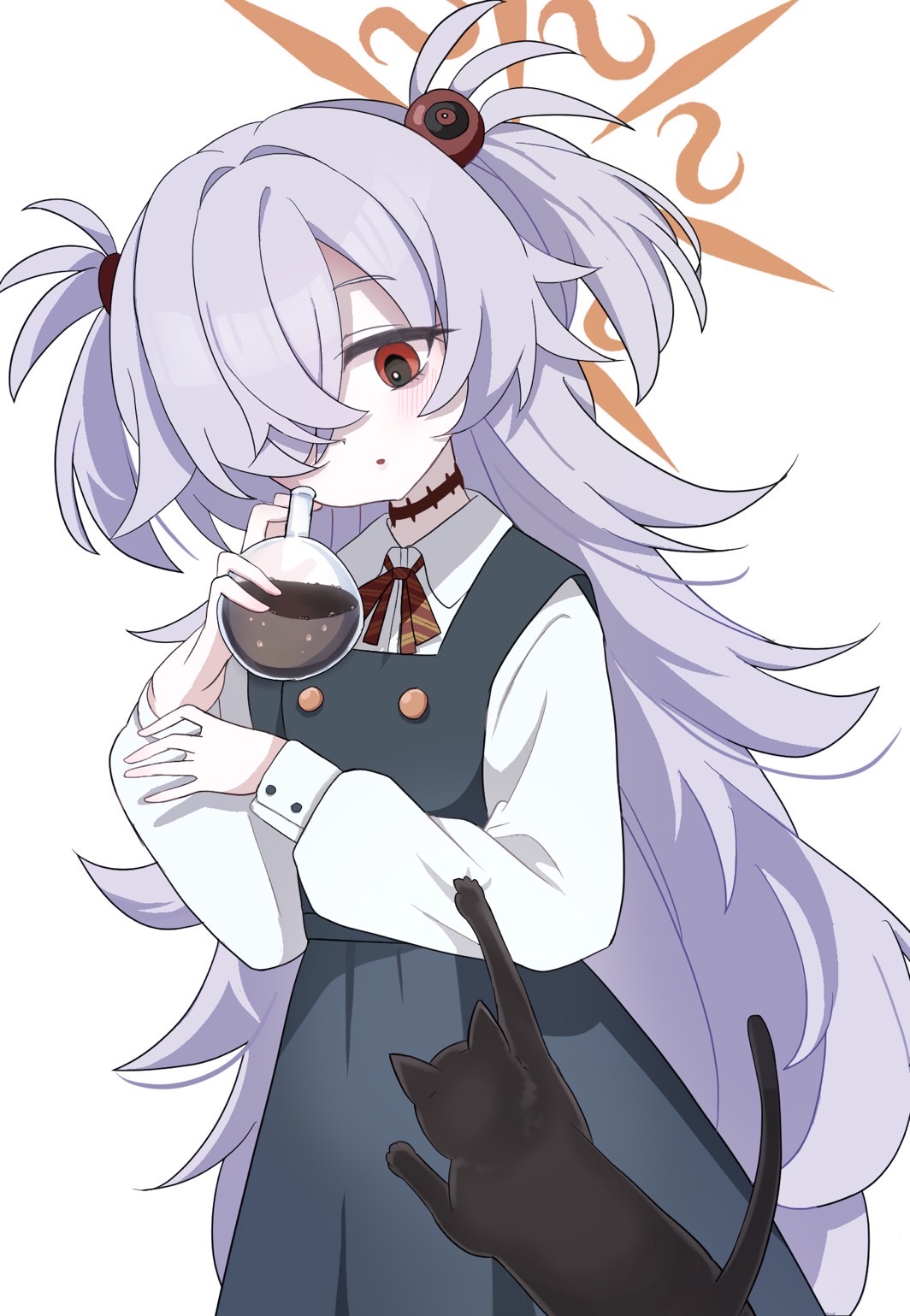 sabotenirasuto, kanoe (blue archive), blue archive, commentary request, highres, 1girl, black cat, brown eyes, brown halo, cat, diagonal-striped ribbon, dress, drink, expressionless, flask, grey hair, hair ornament, hair over one eye, halo, holding, holding drink, long hair, long sleeves, looking at viewer, parted lips, pinafore dress, round-bottom flask, shirt, simple background, sleeveless, sleeveless dress, solo, two side up, white background, white shirt