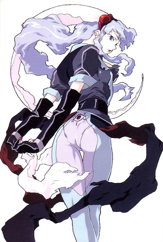 nakazawa kazuto, ifurita, el hazard, light purple hair, silver hair, 1990s (style), 1girl, ass, blue eyes, elbow gloves, female focus, gloves, headdress, lipstick, long hair, looking back, makeup, pantylines, retro artstyle, ribbon, skin tight, solo, thigh gap, white background