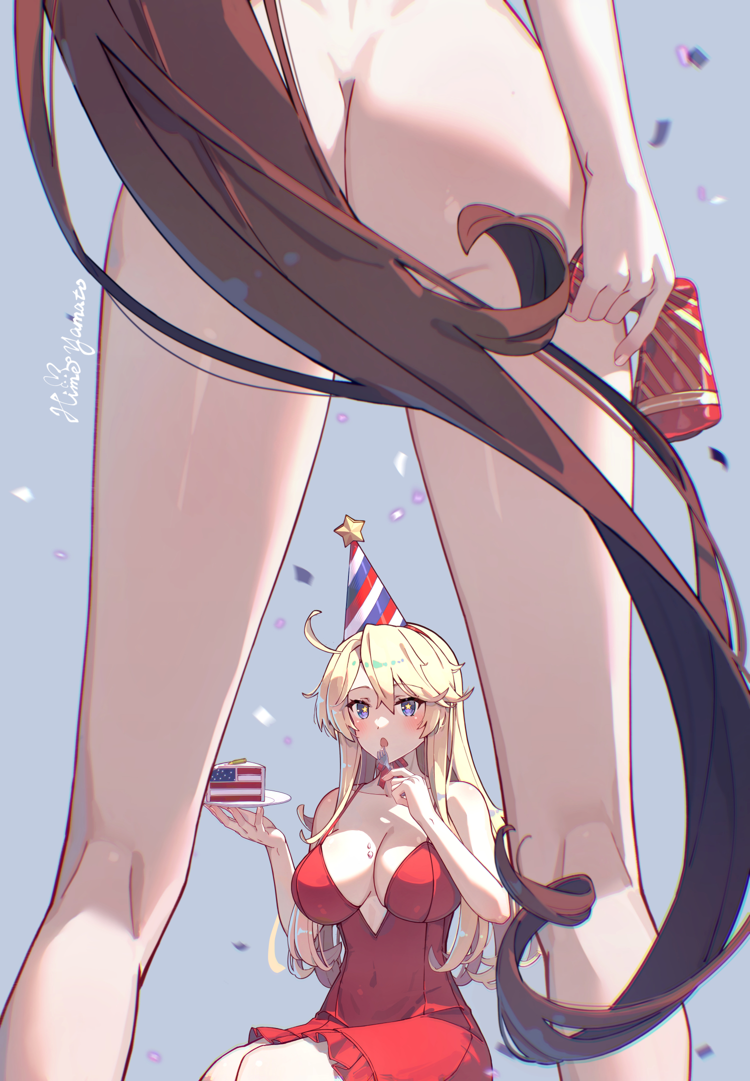 himeyamato, iowa (kancolle), yamato (kancolle), kantai collection, highres, 2girls, american flag, artist name, ass, blonde hair, blue eyes, breasts, brown hair, cake, casual, cleavage, clothed female nude female, covered navel, dress, food, fork, grey background, holding, holding fork, holding plate, large breasts, long hair, looking at viewer, multiple girls, nude, open mouth, plate, ponytail, red dress, simple background, star-shaped pupils, star (symbol), symbol-shaped pupils, very long hair