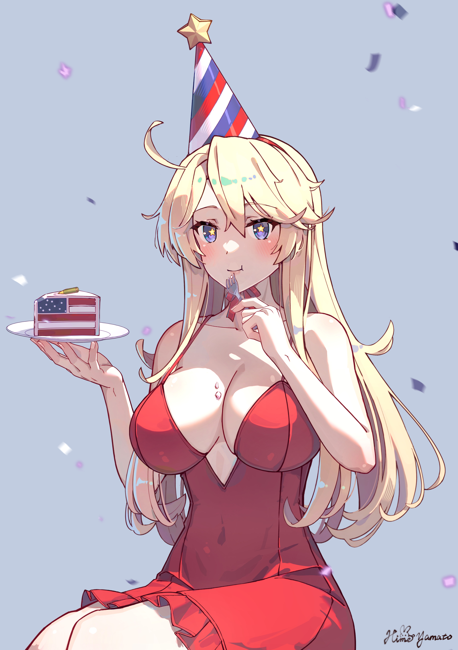 himeyamato, iowa (kancolle), kantai collection, highres, 1girl, american flag, artist name, blonde hair, blue eyes, breasts, cake, casual, cleavage, closed mouth, covered navel, dress, eating, food, fork, grey background, holding, holding fork, holding plate, large breasts, long hair, looking at viewer, plate, red dress, simple background, smile, solo, star-shaped pupils, star (symbol), symbol-shaped pupils