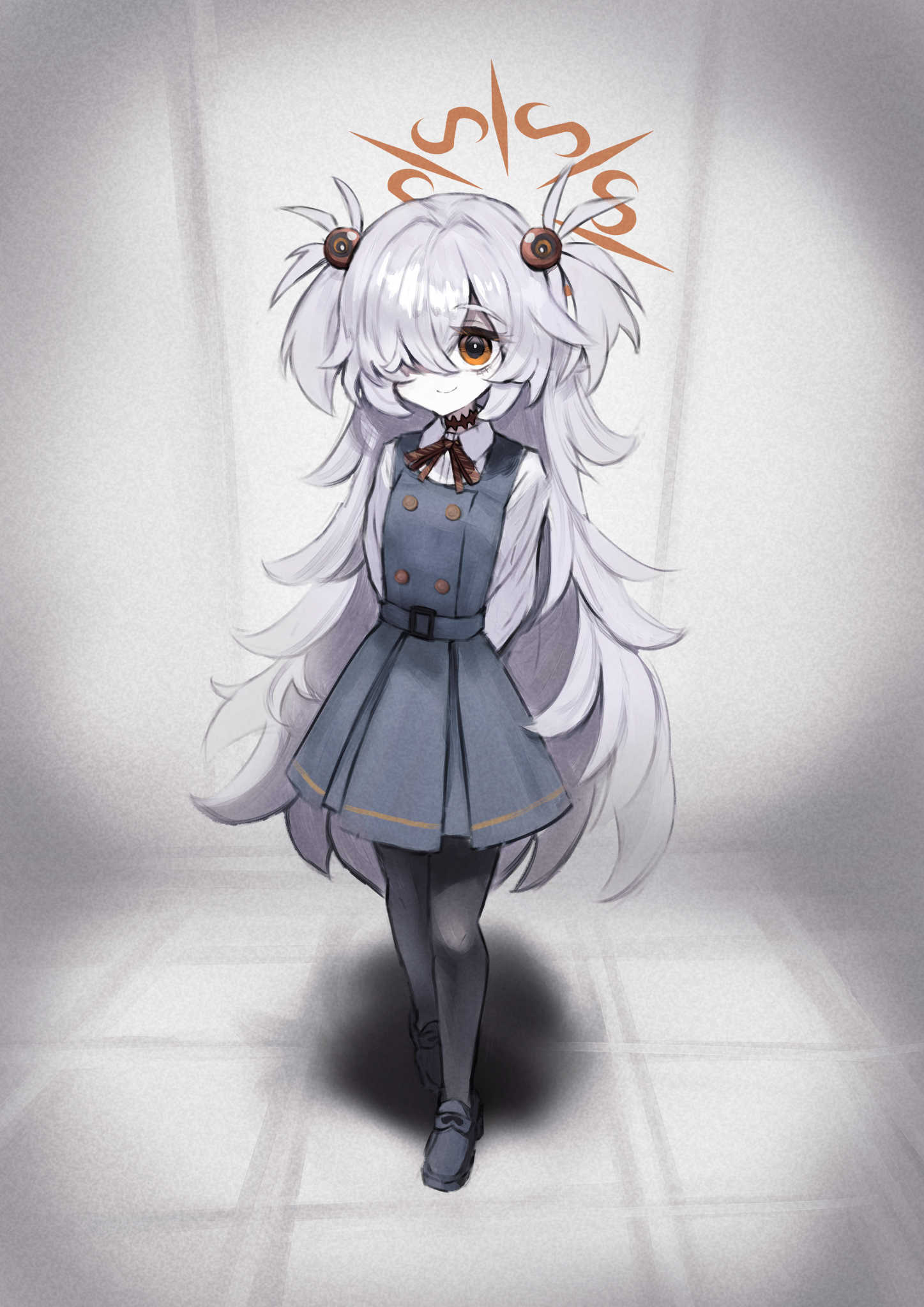 protectload, kanoe (blue archive), blue archive, commentary, highres, 1girl, arms behind back, black dress, black pantyhose, black shoes, brown eyes, brown halo, dress, full body, grey hair, hair over one eye, halo, long hair, long sleeves, looking at viewer, pantyhose, pinafore dress, shirt, shoes, sleeveless, sleeveless dress, smile, solo, two side up, white shirt