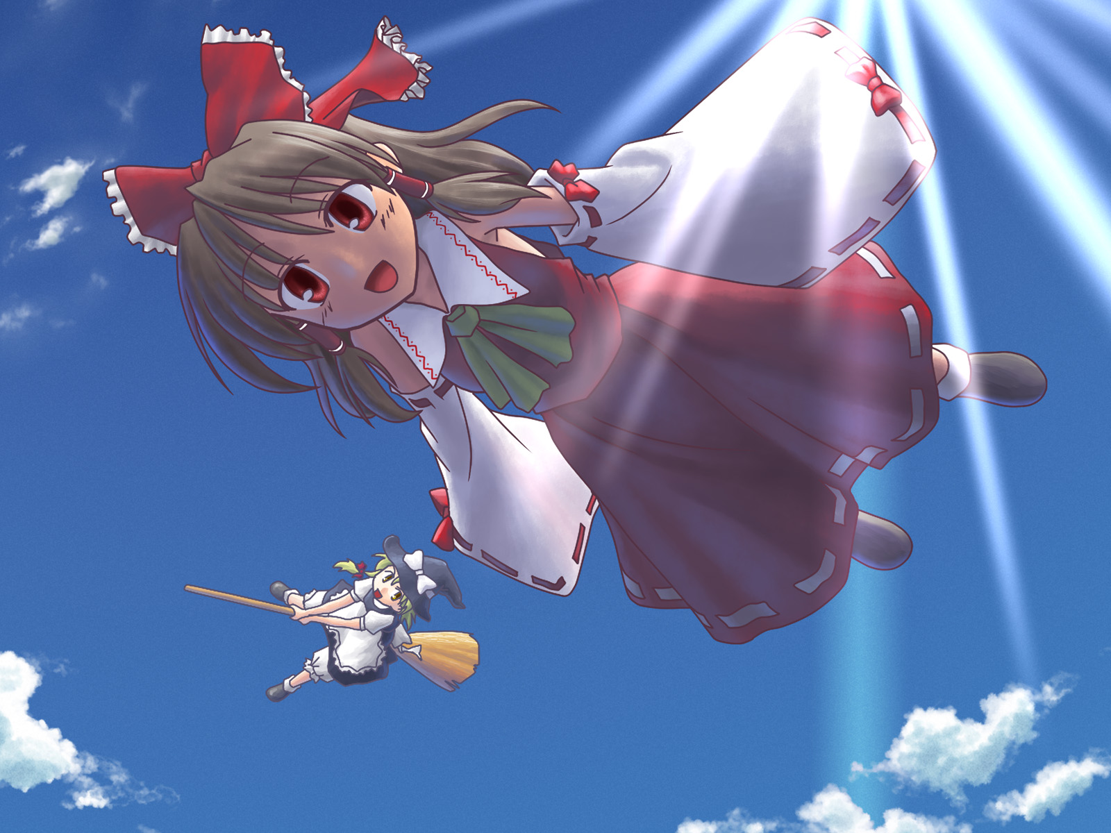 hakurei reimu, kirisame marisa, touhou, highres, 2girls, female focus, flying, hat, multiple girls, outdoors, skirt, sky