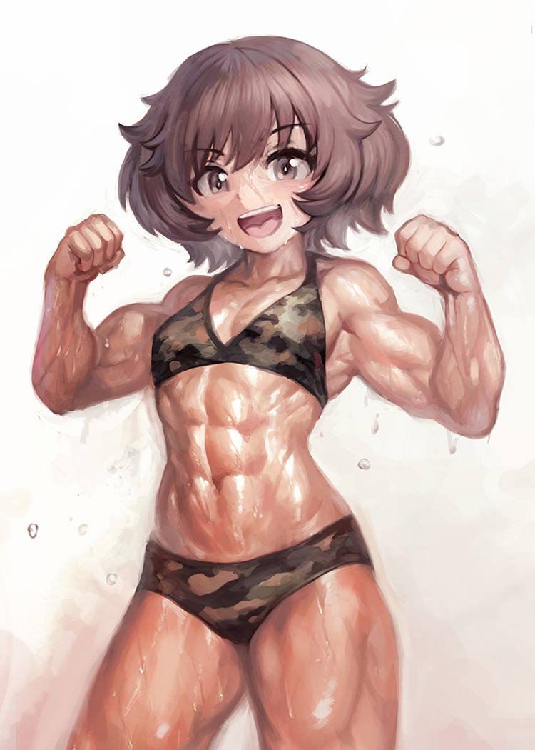 yilx, akiyama yukari, girls und panzer, commentary, 1girl, abs, bikini, breasts, brown eyes, brown hair, camouflage, camouflage bikini, cowboy shot, double biceps pose, flexing, green bikini, halterneck, looking at viewer, messy hair, muscular, muscular female, navel, open mouth, short hair, small breasts, smile, solo, standing, steam, sweat, swimsuit