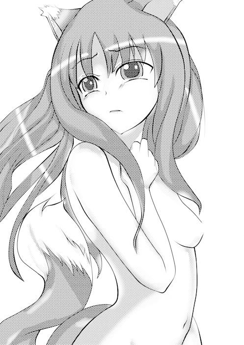 holo, spice and wolf, 00s, 1girl, animal ears, breasts, female focus, greyscale, monochrome, nude, simple background, solo, tail, wolf ears, wolf tail