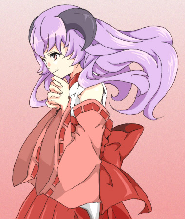 hanyuu, higurashi no naku koro ni, light purple hair, lowres, 00s, 1girl, bare shoulders, female focus, hakama, hakama skirt, horns, japanese clothes, nontraditional miko, own hands clasped, own hands together, purple eyes, red hakama, skirt, smile, solo, wide sleeves