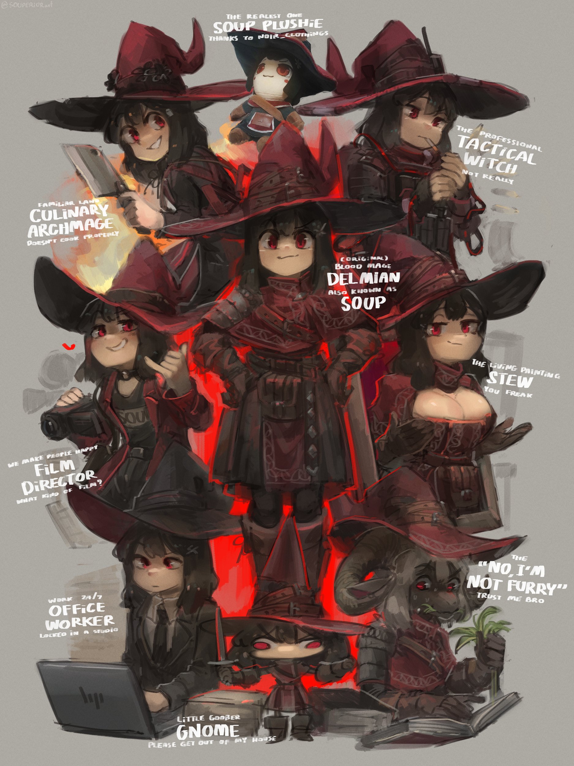 souperior, original, absurdres, commentary, english commentary, highres, tagme, 6+girls, book, boots, breasts, character name, cleavage, computer, dagger, english text, holding, holding dagger, holding knife, holding weapon, knife, laptop, looking at viewer, multiple girls, plant, simple background, smile, soup (souperior), weapon, witch