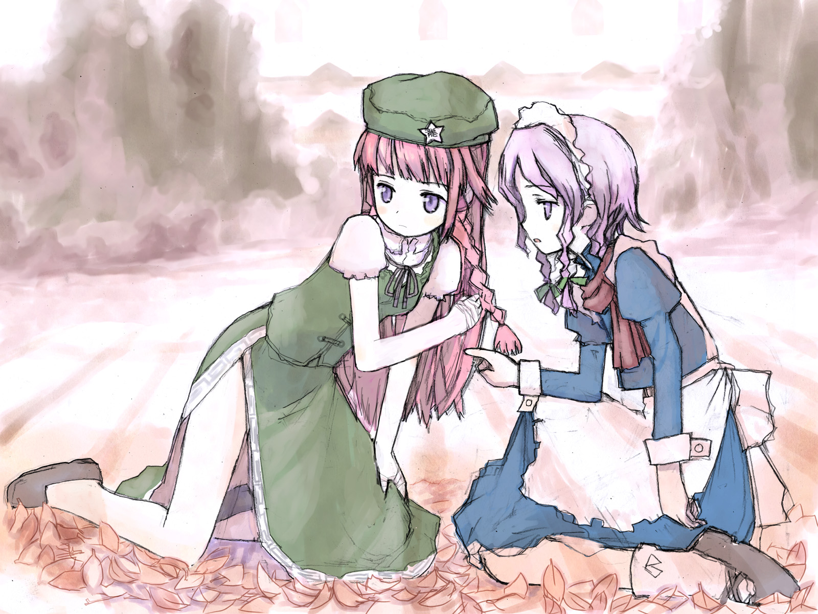 hong meiling, izayoi sakuya, embodiment of scarlet devil, touhou, highres, 2girls, dress, female focus, maid, multiple girls, nature, outdoors, plant, skirt, sky