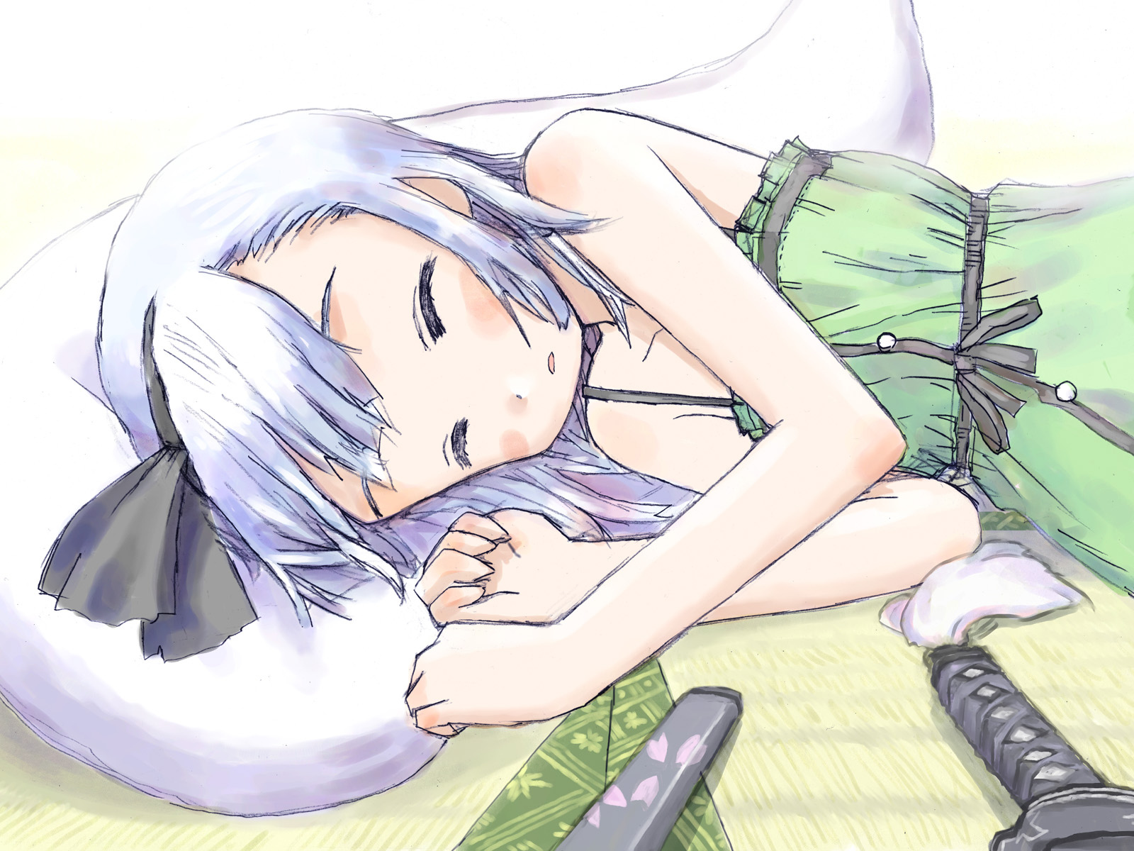 ruin (sora), konpaku youmu, konpaku youmu (ghost), touhou, silver hair, highres, 1girl, bare shoulders, closed eyes, collarbone, dress, female focus, hair ribbon, hairband, hitodama, katana, lying, on side, open mouth, ribbon, short hair, sleeping, solo, sword, tatami, weapon