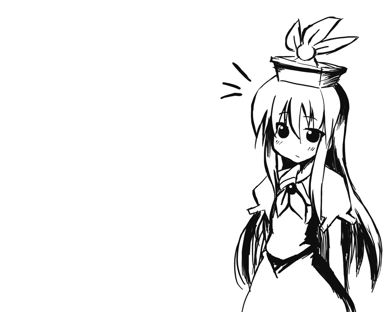 akanagi youto, kamishirasawa keine, touhou, 1girl, female focus, greyscale, hat, long hair, monochrome, simple background, solo, white background