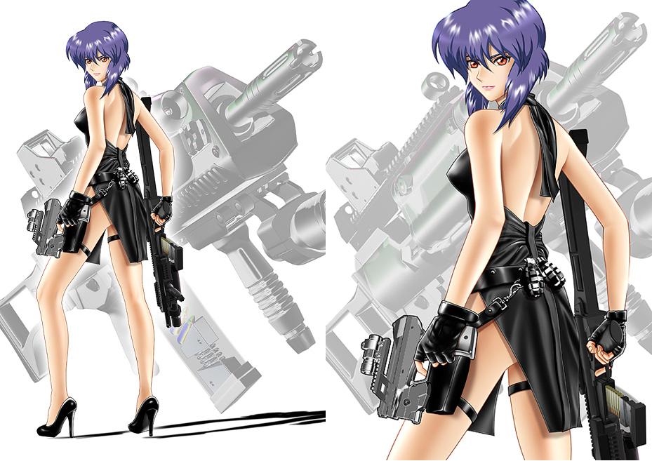 yuusuke (ziyasu), kusanagi motoko, ghost in the shell, dress, fingerless gloves, gloves, gun, high heels, lipstick, makeup, orange eyes, purple hair, shoes, weapon