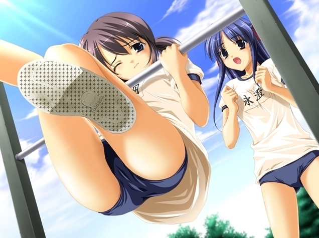 fumio (ura fmo), nagasumi mana, yuunagi mio, sorauta, game cg, 2girls, ass, blue eyes, blue hair, buruma, cloud, day, gym, gym uniform, horizontal bar, multiple girls, open mouth, panties, pullups, purple hair, shoes, sky, sneakers, underwear, wince
