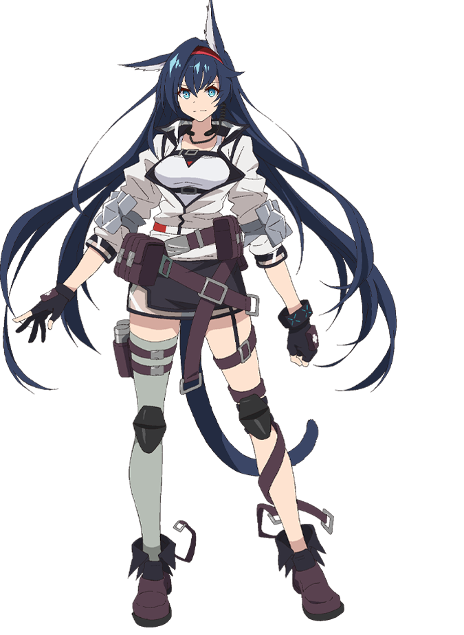 takafuji aya, blaze (arknights), arknights, elbow gauntlets, official art, 1girl, animal ears, anime coloring, belt, belt pouch, black gloves, black hair, black skirt, blue eyes, boots, breasts, cat ears, cat girl, cat tail, clenched hands, closed mouth, collarbone, fingerless gloves, full body, gloves, grey thighhighs, hairband, jacket, large breasts, long hair, looking at viewer, open clothes, open hand, open jacket, pencil skirt, pouch, purple belt, purple boots, red hairband, shirt, simple background, single thighhigh, skirt, smile, solo, standing, tail, tank top, thigh belt, thigh strap, thighhighs, transparent background, very long hair, white jacket, white tank top