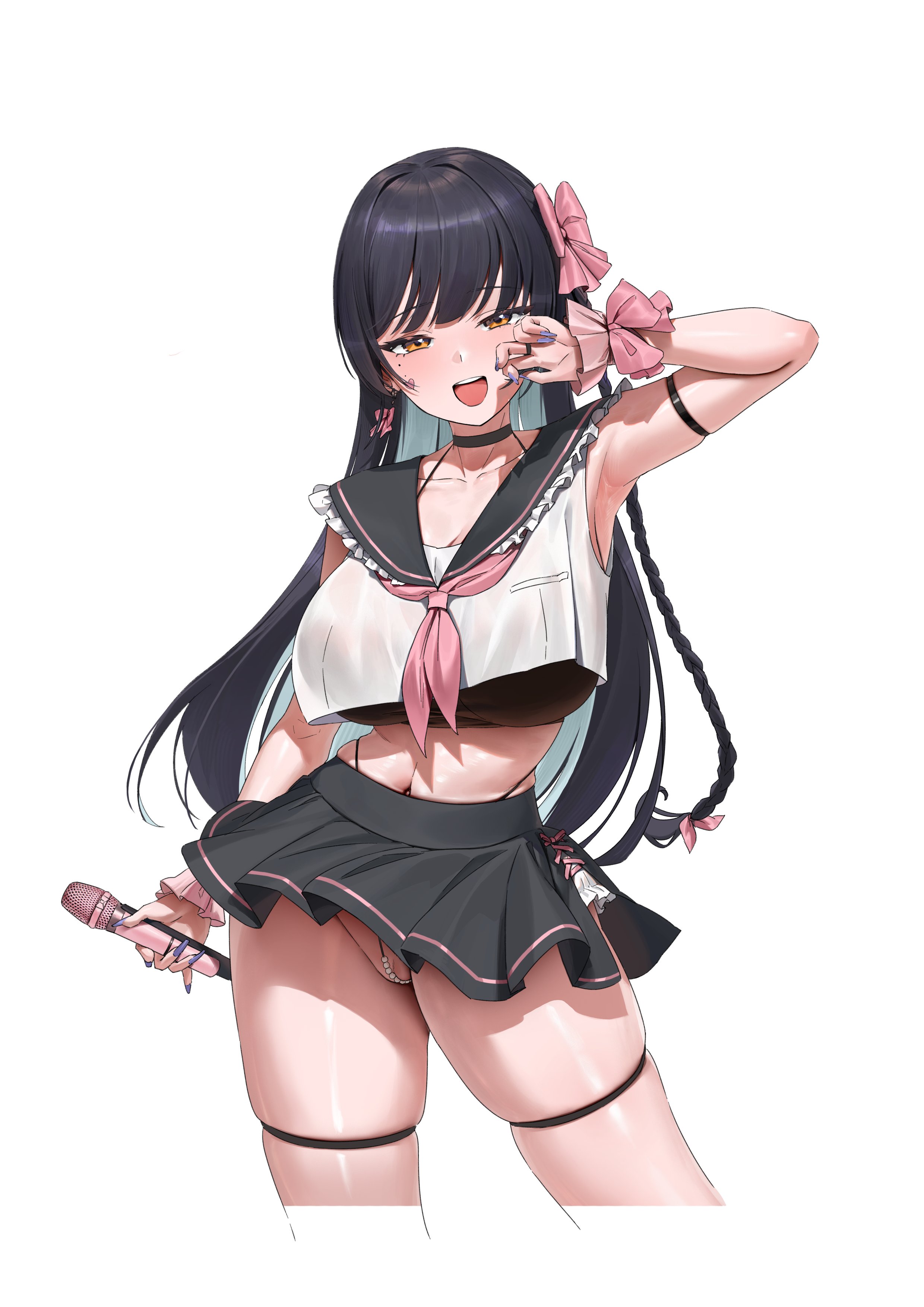 chochomi, original, absurdres, commentary, highres, 1girl, arm at side, armpits, black bra, black hair, black sailor collar, black skirt, blue nails, bow, bra, breasts, collarbone, crop top, crop top overhang, cropped legs, fake nails, fingernails, hair bow, hand up, heart, heart sticker, holding, holding microphone, large breasts, long fingernails, long hair, looking at viewer, microphone, microskirt, mole, mole under eye, navel, neckerchief, open mouth, orange eyes, panty straps, pearl thong, pink bow, pink neckerchief, revealing clothes, sailor collar, shirt, simple background, skindentation, skirt, sleeveless, sleeveless shirt, smile, solo, sticker, sticker on face, straight hair, swept bangs, thigh strap, underwear, white background, white shirt, wrist bow