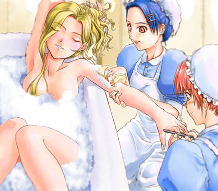 glycine bleumer, sakura taisen, sakura taisen iii, lowres, 00s, bath, blonde hair, closed eyes, hat, maid, mob cap, nude, victorian maid