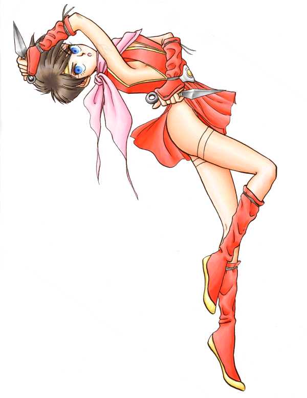 kasumi (suikoden), gensou suikoden, gensou suikoden i, gensou suikoden ii, 1girl, blue eyes, brown hair, female focus, kunai, legs, ninja, short hair, simple background, solo, weapon