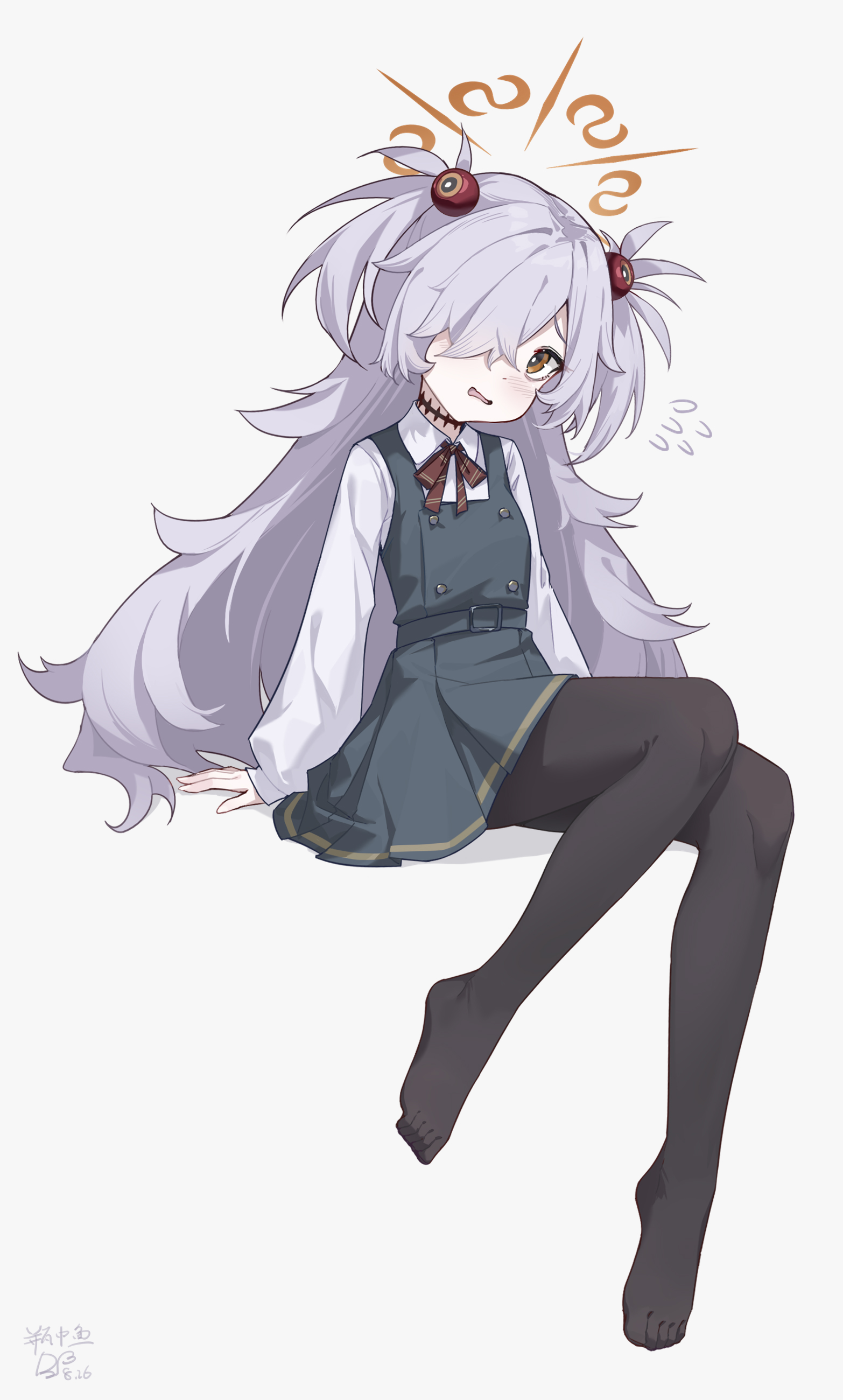 ping zhong yu, kanoe (blue archive), blue archive, absurdres, commentary, highres, 1girl, bags under eyes, black pantyhose, brown eyes, brown halo, dated, diagonal-striped ribbon, dress, flying sweatdrops, full body, grey background, grey hair, hair over one eye, halo, invisible chair, long hair, long sleeves, looking at viewer, pantyhose, pinafore dress, shirt, signature, simple background, sitting, sleeveless, sleeveless dress, solo, two side up, white shirt