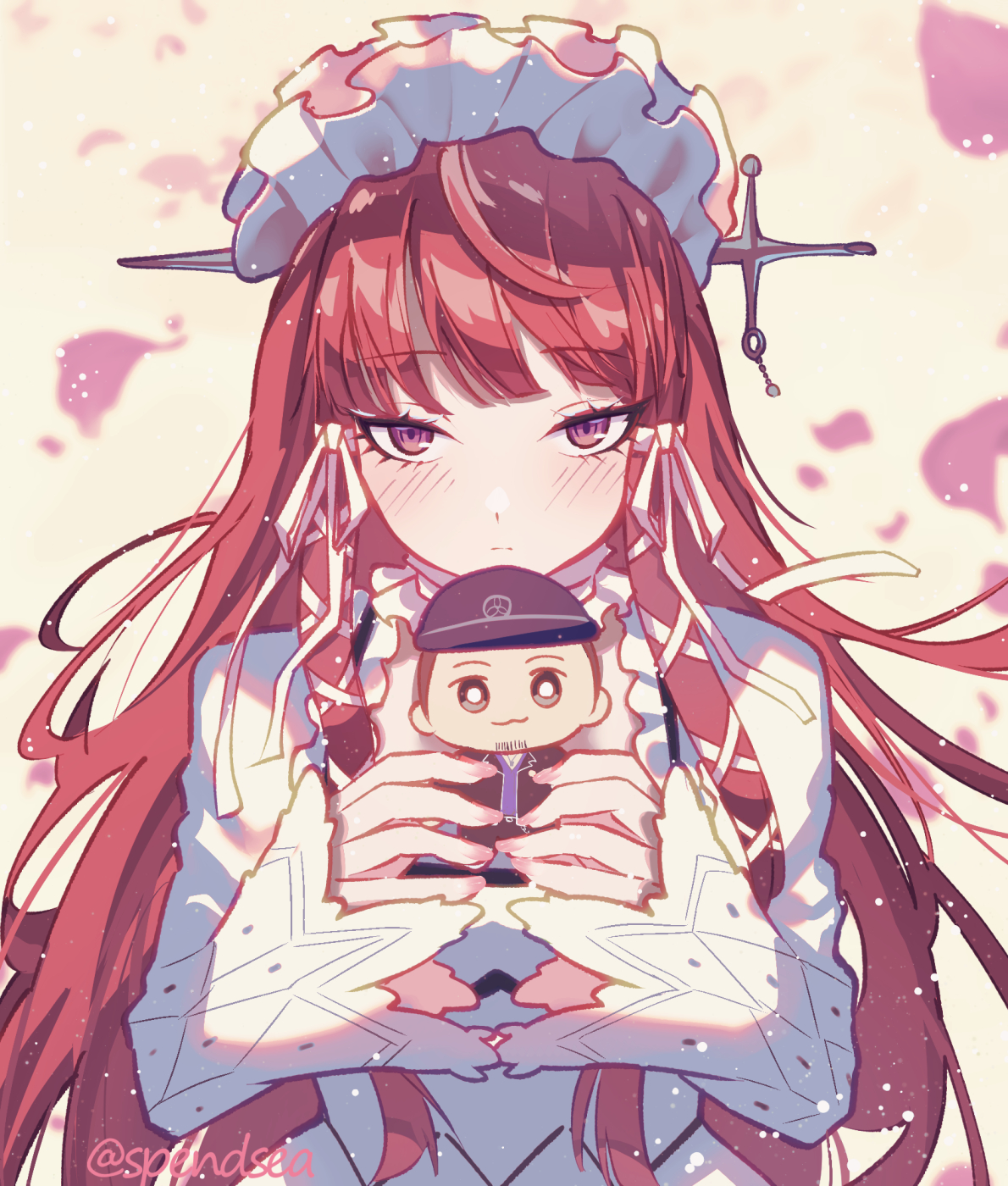 spendsea, iori junpei, yoshino chidori, persona, persona 3, commentary, english commentary, highres, 1girl, blunt bangs, blush, character doll, choker, closed mouth, doll, dress, falling petals, frilled choker, frilled hairband, frills, hair ornament, hair ribbon, hairband, holding, holding doll, lolita fashion, long hair, long sleeves, looking at viewer, petals, pink petals, red hair, ribbon, sidelocks, solo, straight-on, twitter username, upper body, white choker, white dress, white hairband, white ribbon