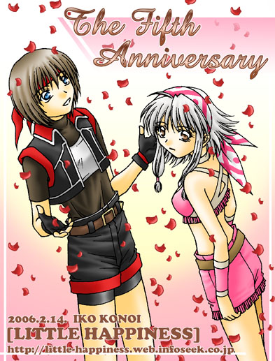 iko konoi, lazlo (gensou suikoden), millay (suikoden), gensou suikoden, gensou suikoden iv, 1boy, 1girl, brown eyes, couple, grey hair, hairband, hetero, midriff, miniskirt, pencil skirt, short hair, skirt