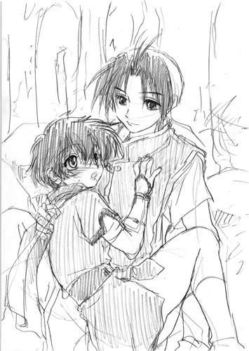 kasumi (suikoden), tir mcdohl, gensou suikoden, gensou suikoden i, gensou suikoden ii, lowres, 1boy, 1girl, blush, couple, greyscale, hetero, monochrome, ninja, short hair